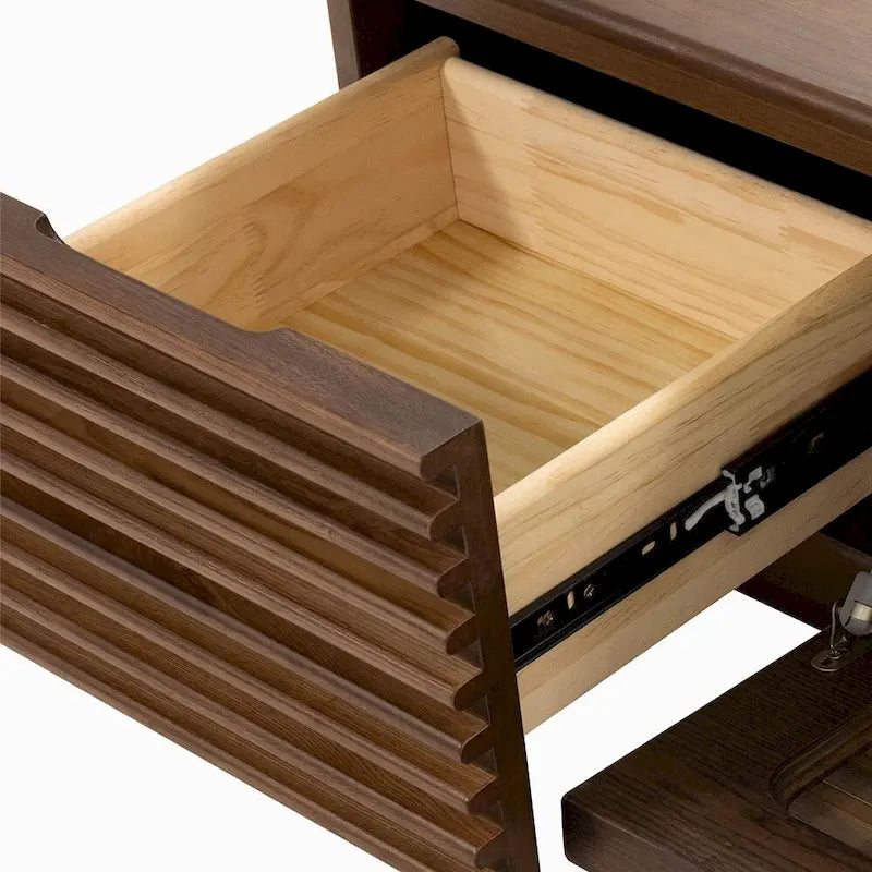 Meuble TV minimaliste avec tiroirs, console multimédia en bois massif avec placards, porte abattante, placage noyer, entièrement assemblé