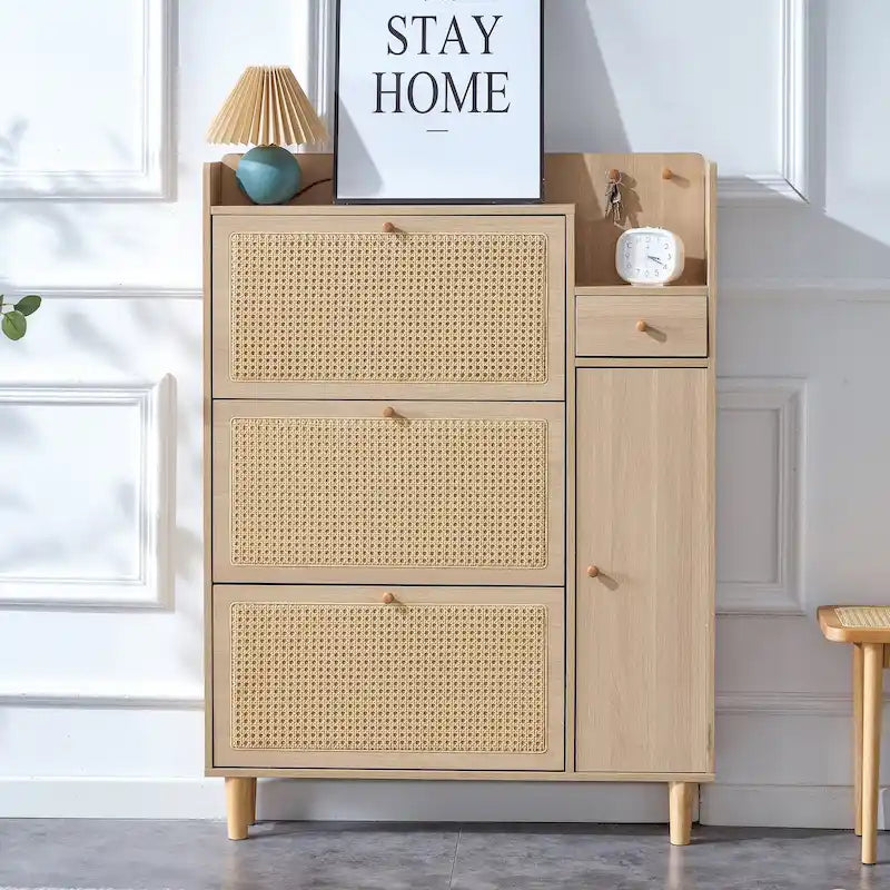 Meuble de rangement en rotin avec finition lisse en MDF — Chevet, entrée ou couloir