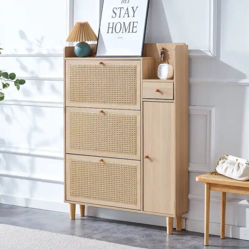 Meuble de rangement en rotin avec finition lisse en MDF — Chevet, entrée ou couloir