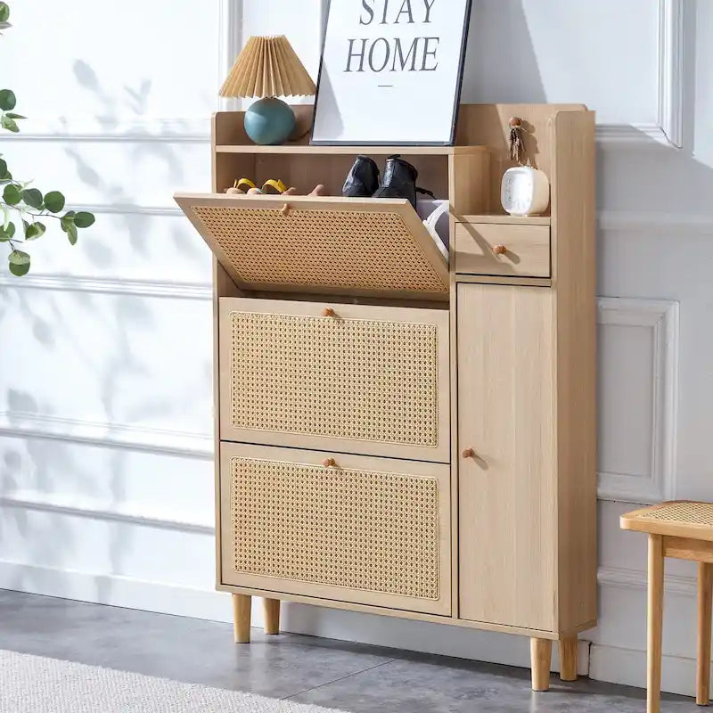 Meuble de rangement en rotin avec finition lisse en MDF — Chevet, entrée ou couloir