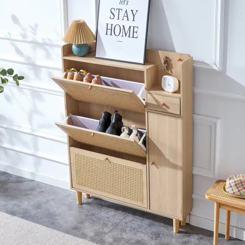 Meuble de rangement en rotin avec finition lisse en MDF — Chevet, entrée ou couloir