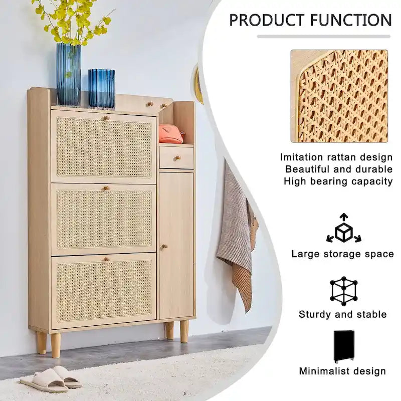 Meuble de rangement en rotin avec finition lisse en MDF — Chevet, entrée ou couloir