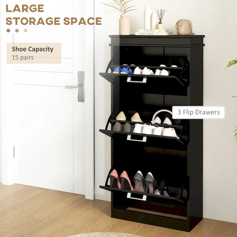 Meuble à chaussures étroit avec 3 tiroirs basculants, étagères réglables et plateau plat