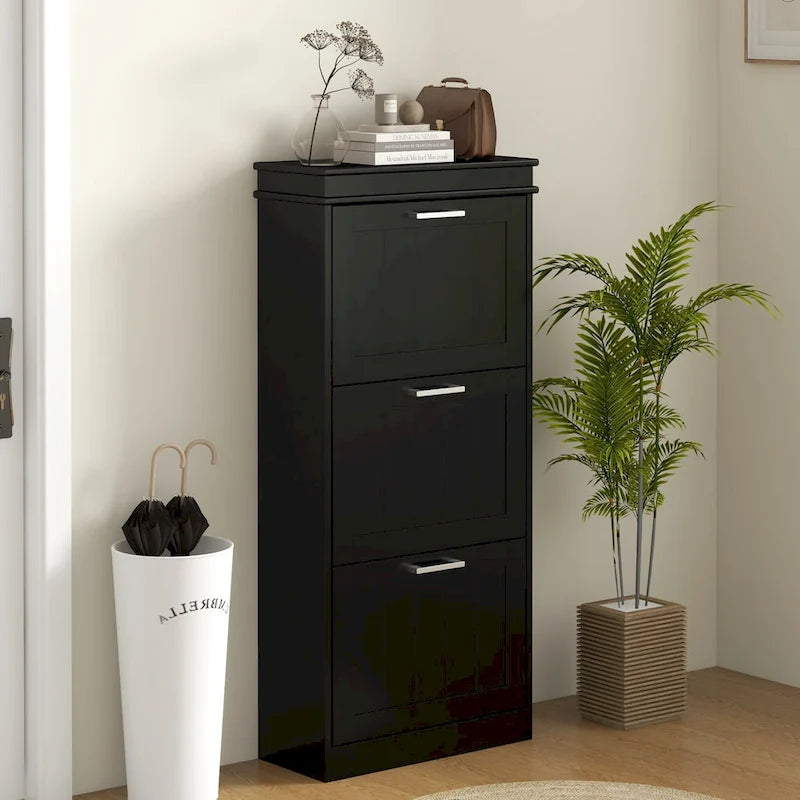 Meuble à chaussures étroit avec 3 tiroirs basculants, étagères réglables et plateau plat