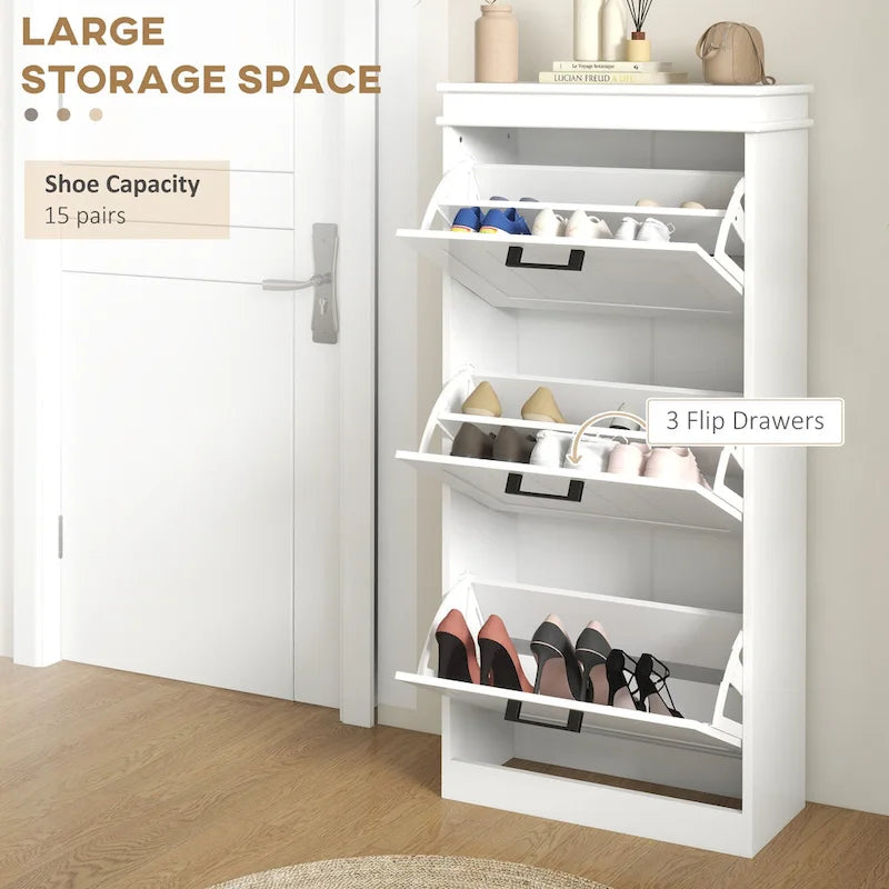 Meuble à chaussures étroit avec 3 tiroirs basculants, étagères réglables et plateau plat