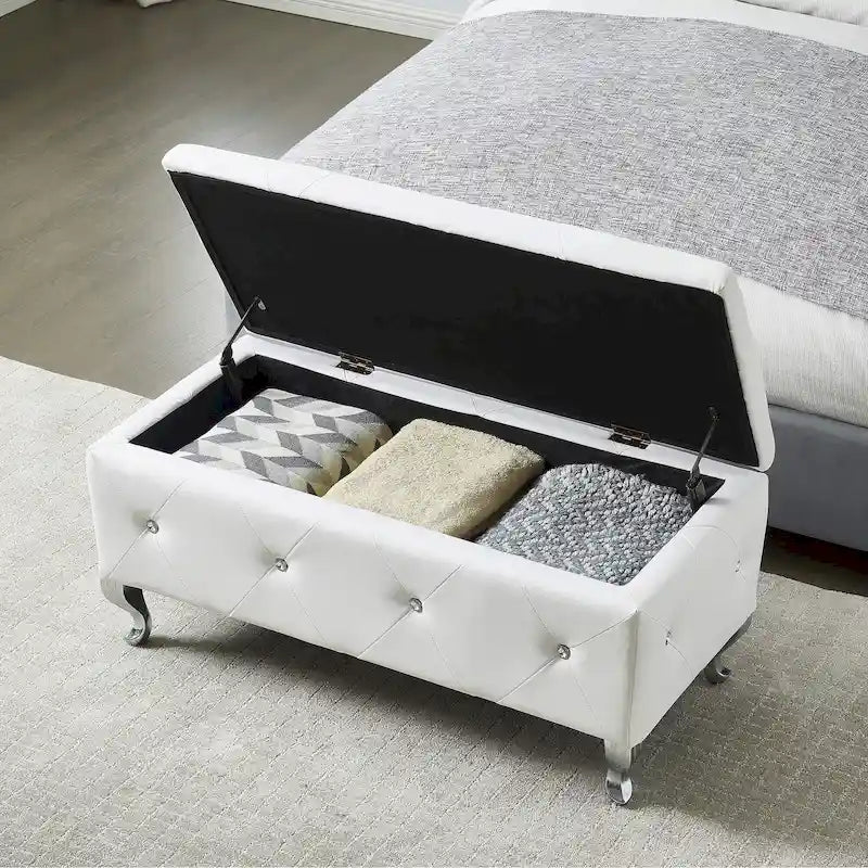 Banc coffre de rangement en similicuir avec boutons en cristal et pieds en métal