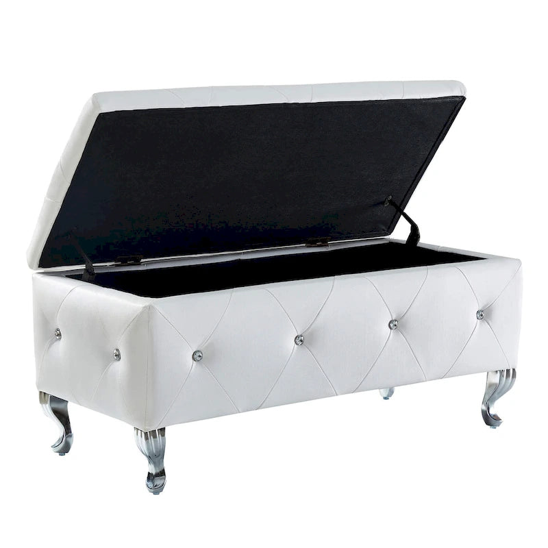Banc coffre de rangement en similicuir avec boutons en cristal et pieds en métal