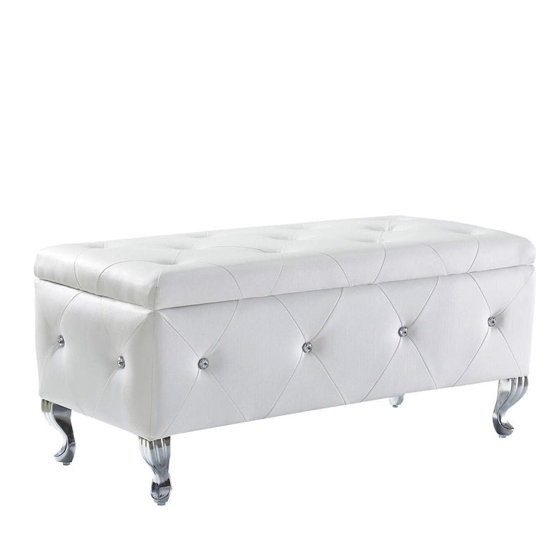 Banc coffre de rangement en similicuir avec boutons en cristal et pieds en métal