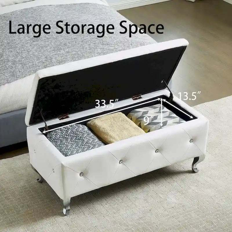 Banc coffre de rangement en similicuir avec boutons en cristal et pieds en métal