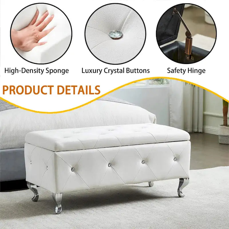 Banc coffre de rangement en similicuir avec boutons en cristal et pieds en métal
