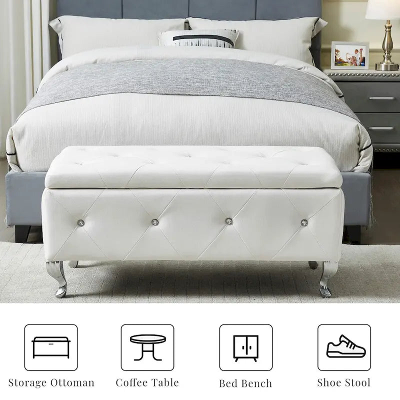Banc coffre de rangement en similicuir avec boutons en cristal et pieds en métal