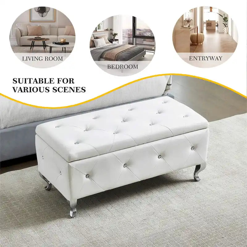 Banc coffre de rangement en similicuir avec boutons en cristal et pieds en métal