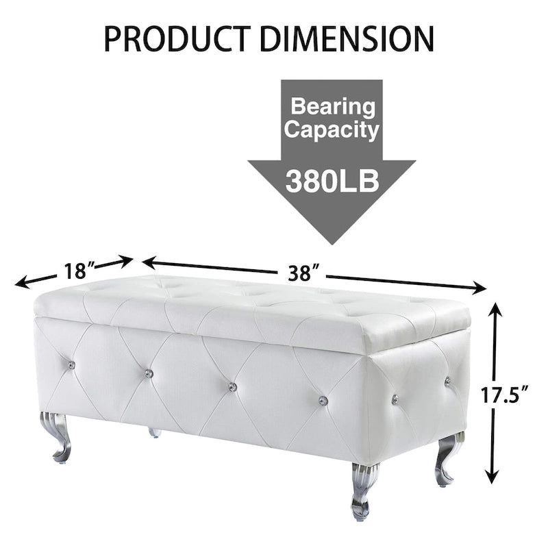 Banc coffre de rangement en similicuir avec boutons en cristal et pieds en métal