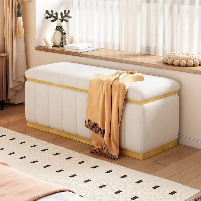 Banc de rangement capitonné en lin avec cadre en bois massif