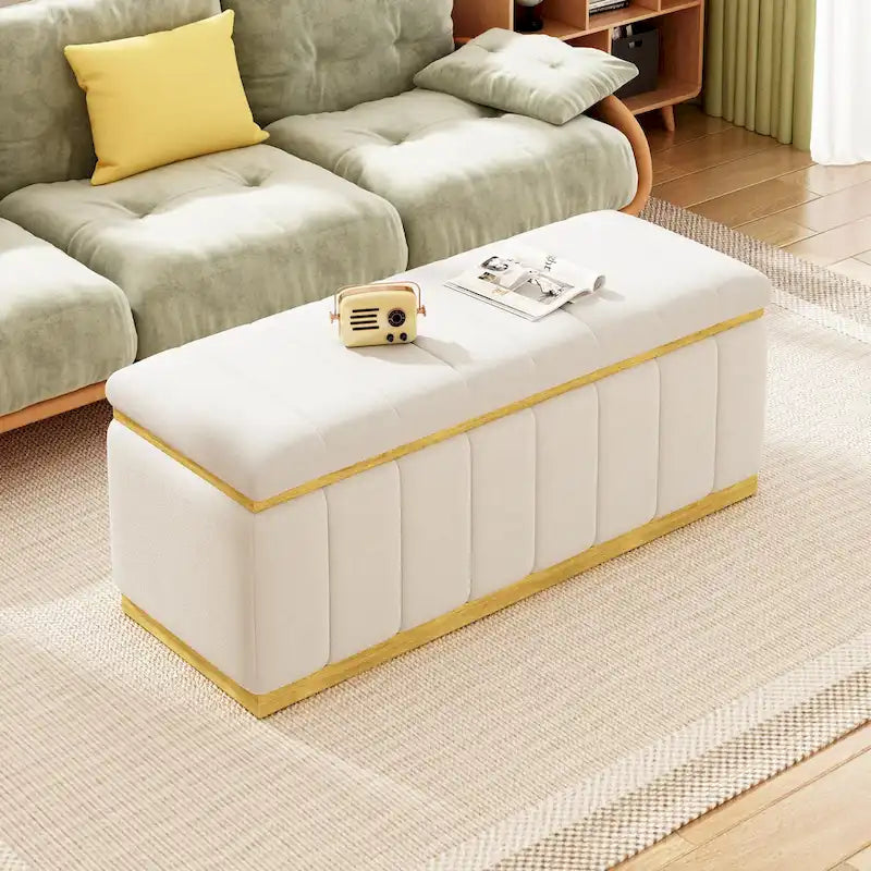 Banc de rangement capitonné en lin avec cadre en bois massif