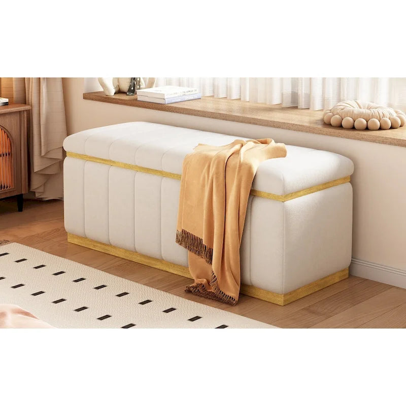 Banc de rangement capitonné en lin avec cadre en bois massif