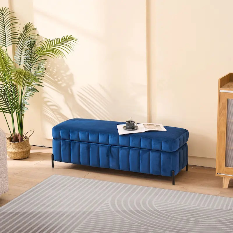 Banc de rangement en velours avec pieds en métal pour le salon, l'entrée et la chambre