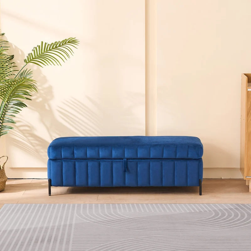 Banc de rangement en velours avec pieds en métal pour le salon, l'entrée et la chambre