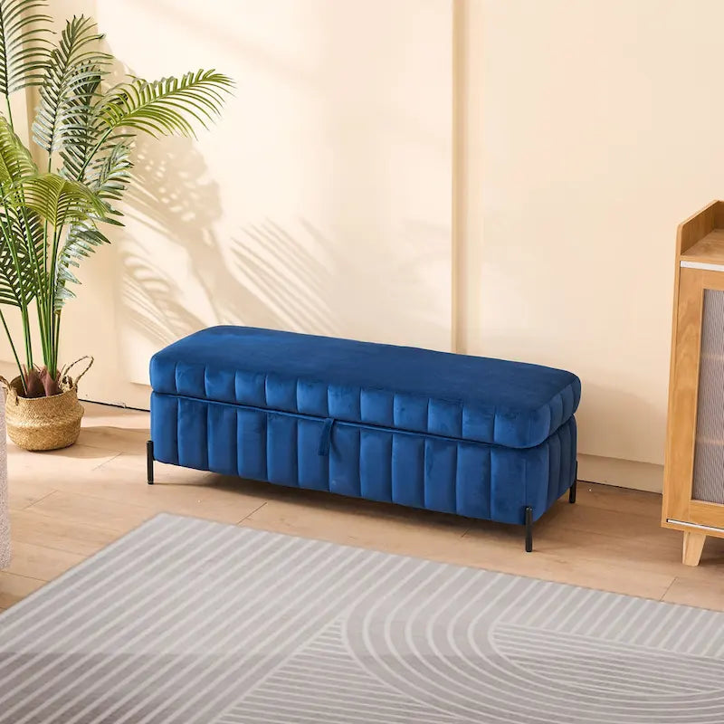 Banc de rangement en velours avec pieds en métal pour le salon, l'entrée et la chambre