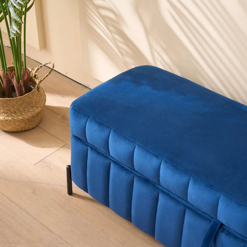 Banc de rangement en velours avec pieds en métal pour le salon, l'entrée et la chambre