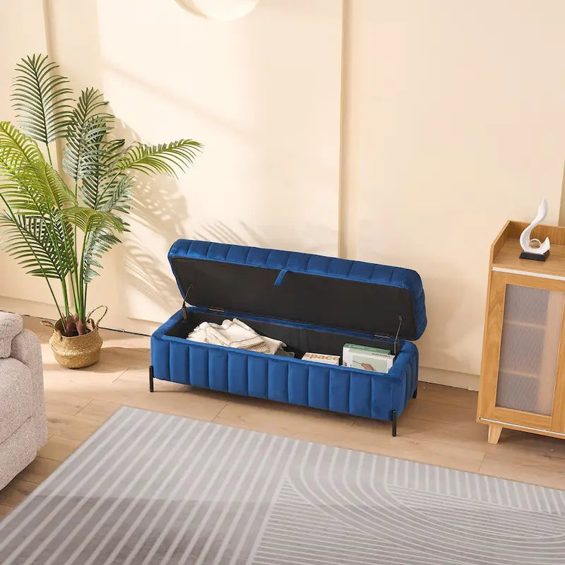 Banc de rangement en velours avec pieds en métal pour le salon, l'entrée et la chambre
