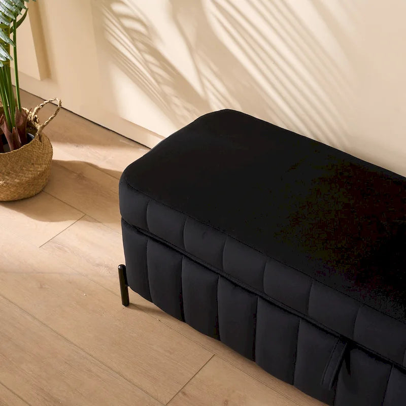 Banc de rangement en velours avec pieds en métal pour le salon, l'entrée et la chambre