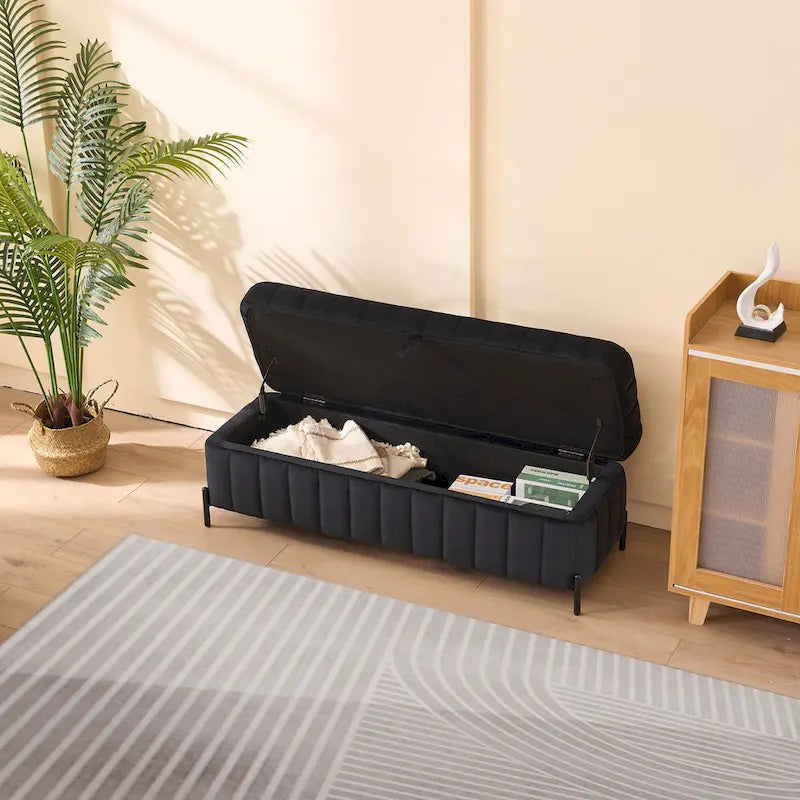 Banc de rangement en velours avec pieds en métal pour le salon, l'entrée et la chambre
