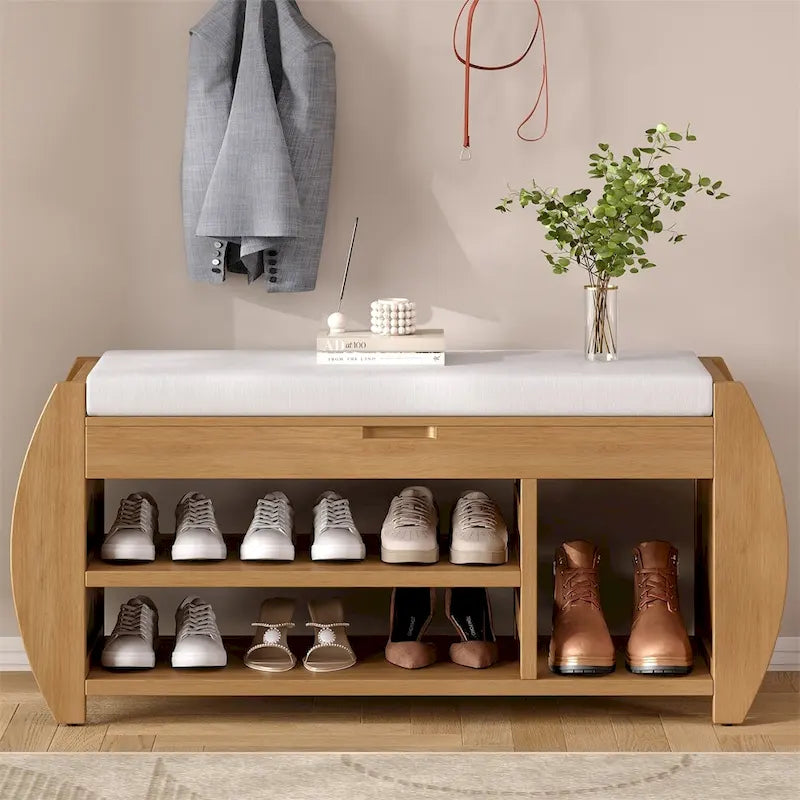 Banc de rangement incurvé avec assise rembourrée, étagère à chaussures ouverte et rangement dissimulé