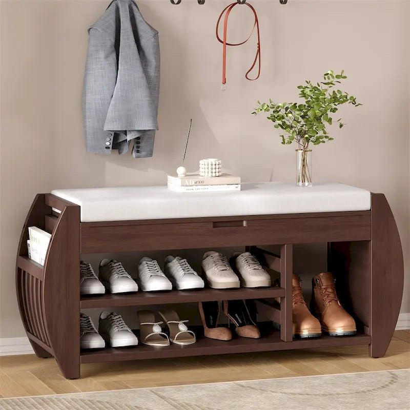 Banc de rangement incurvé avec assise rembourrée, étagère à chaussures ouverte et rangement dissimulé