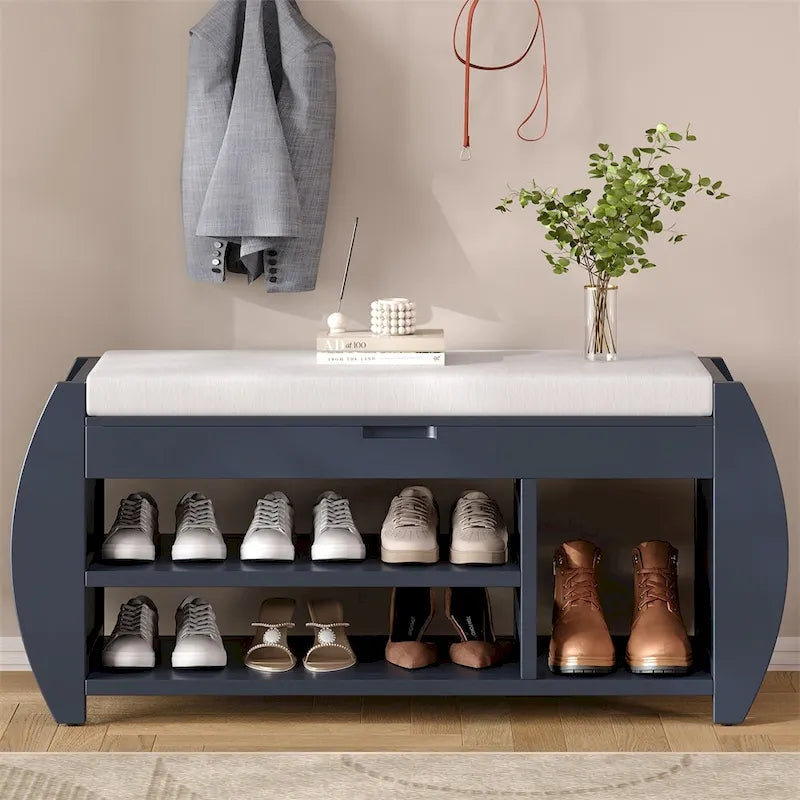 Banc de rangement incurvé avec assise rembourrée, étagère à chaussures ouverte et rangement dissimulé