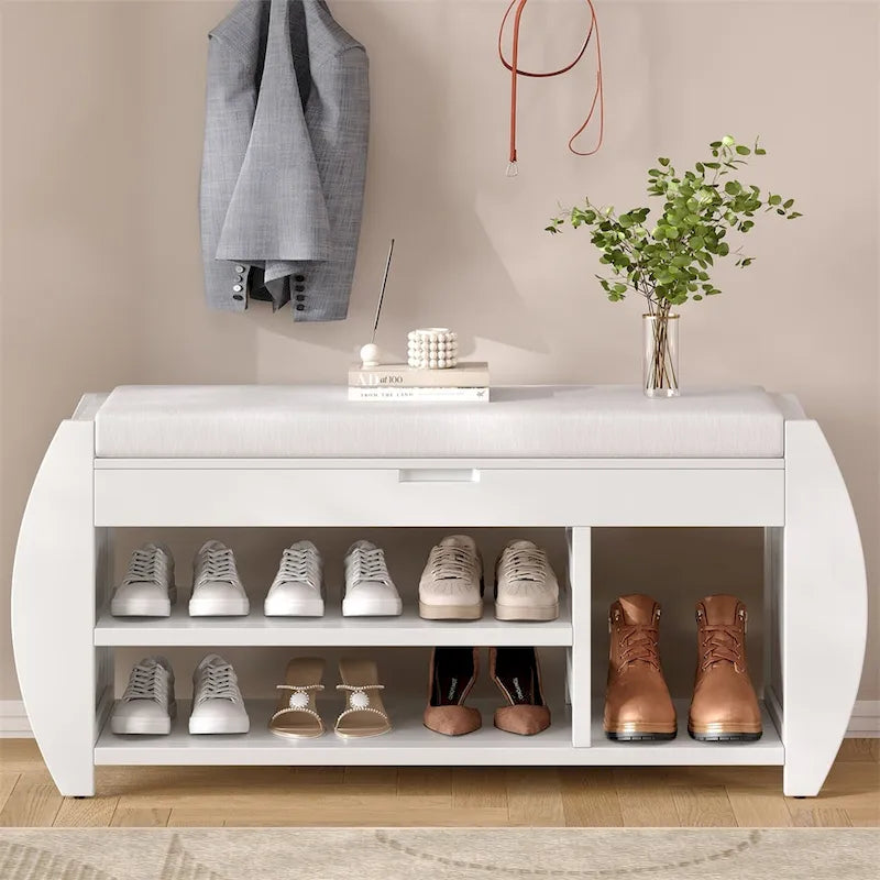 Banc de rangement incurvé avec assise rembourrée, étagère à chaussures ouverte et rangement dissimulé