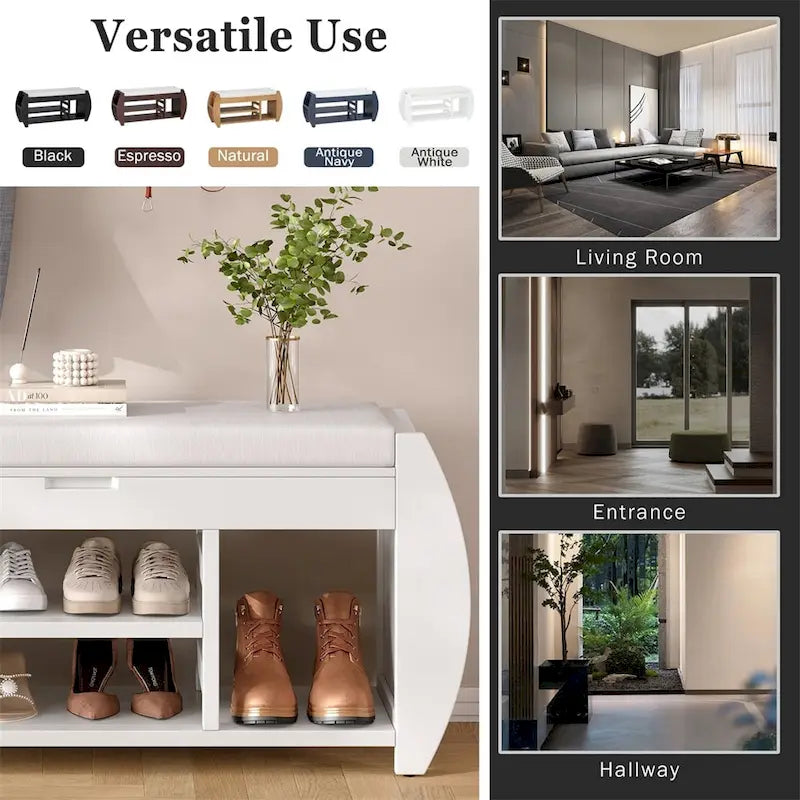 Banc de rangement incurvé avec assise rembourrée, étagère à chaussures ouverte et rangement dissimulé
