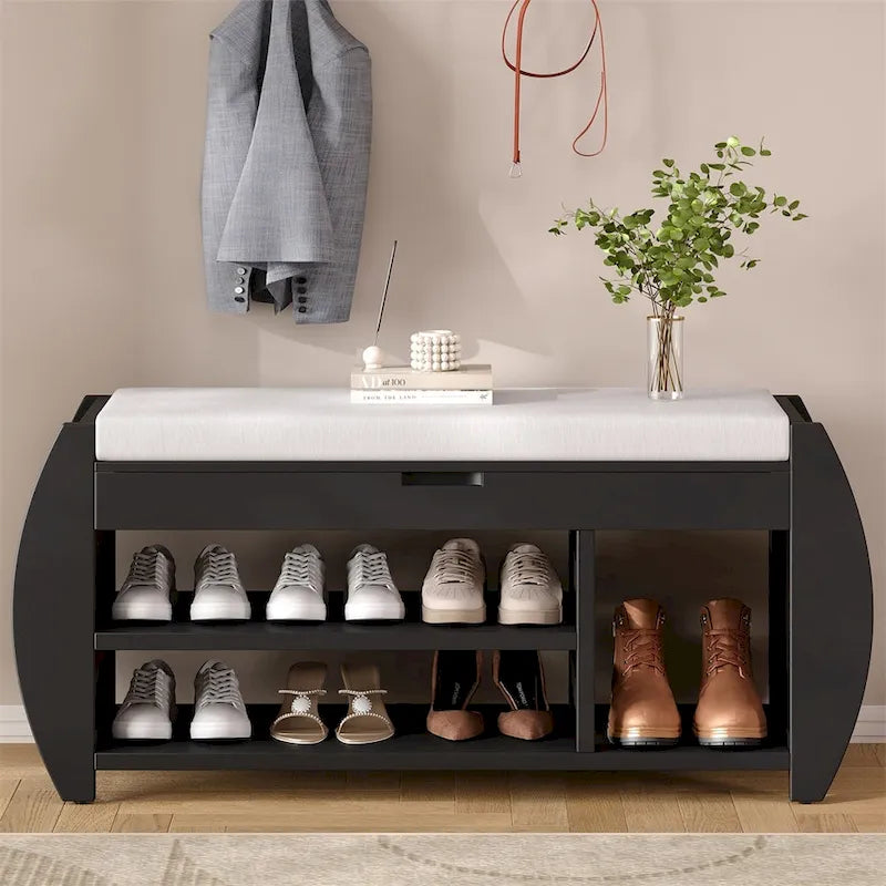Banc de rangement incurvé avec assise rembourrée, étagère à chaussures ouverte et rangement dissimulé