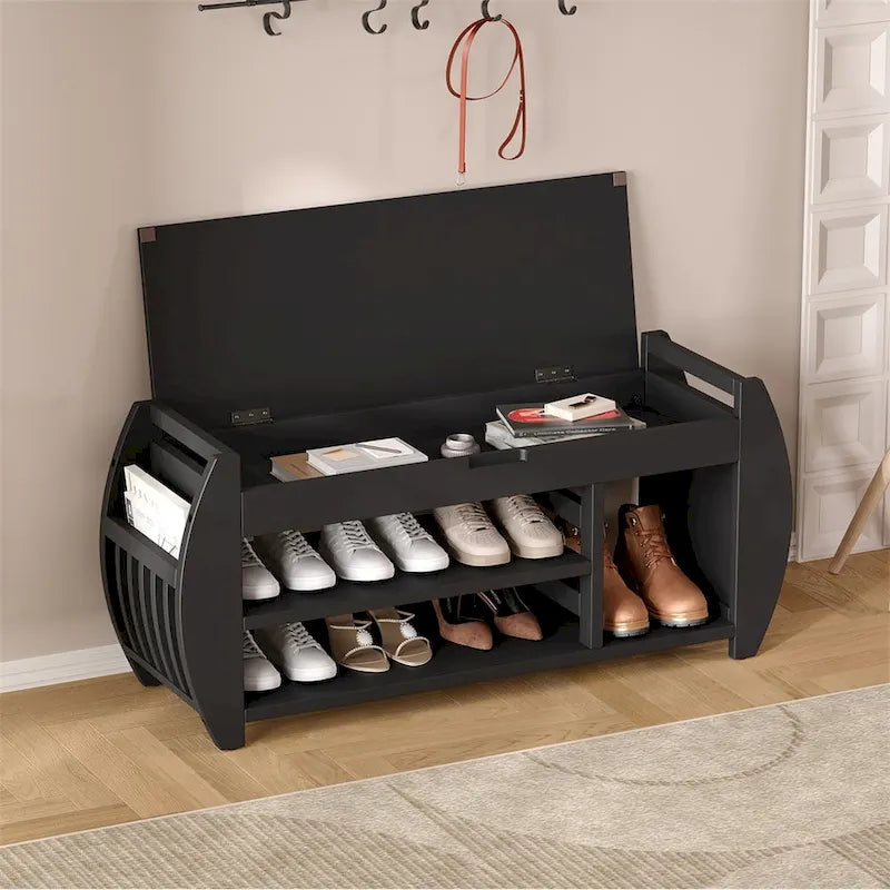 Banc de rangement incurvé avec assise rembourrée, étagère à chaussures ouverte et rangement dissimulé