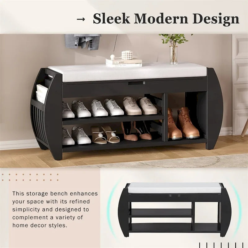 Banc de rangement incurvé avec assise rembourrée, étagère à chaussures ouverte et rangement dissimulé