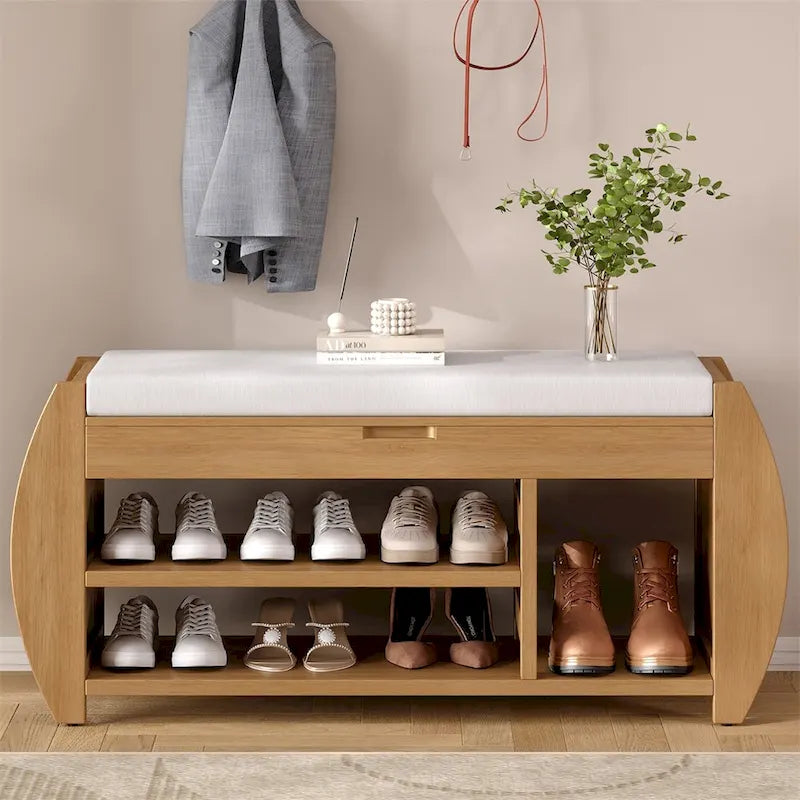Banc de rangement incurvé avec assise rembourrée, étagère à chaussures ouverte et rangement dissimulé