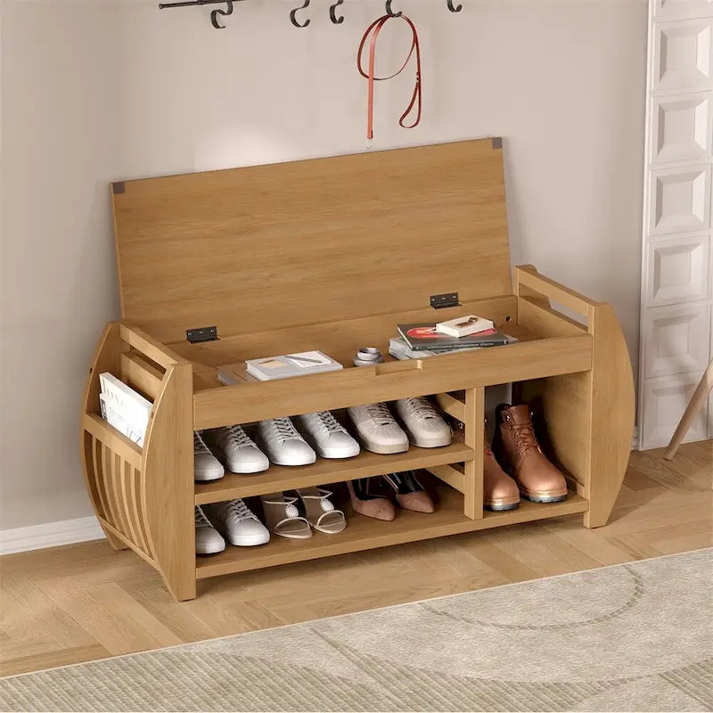 Banc de rangement incurvé avec assise rembourrée, étagère à chaussures ouverte et rangement dissimulé