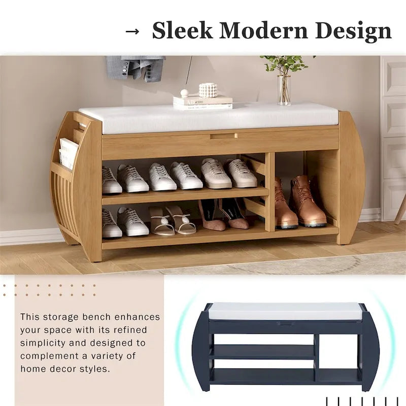 Banc de rangement incurvé avec assise rembourrée, étagère à chaussures ouverte et rangement dissimulé