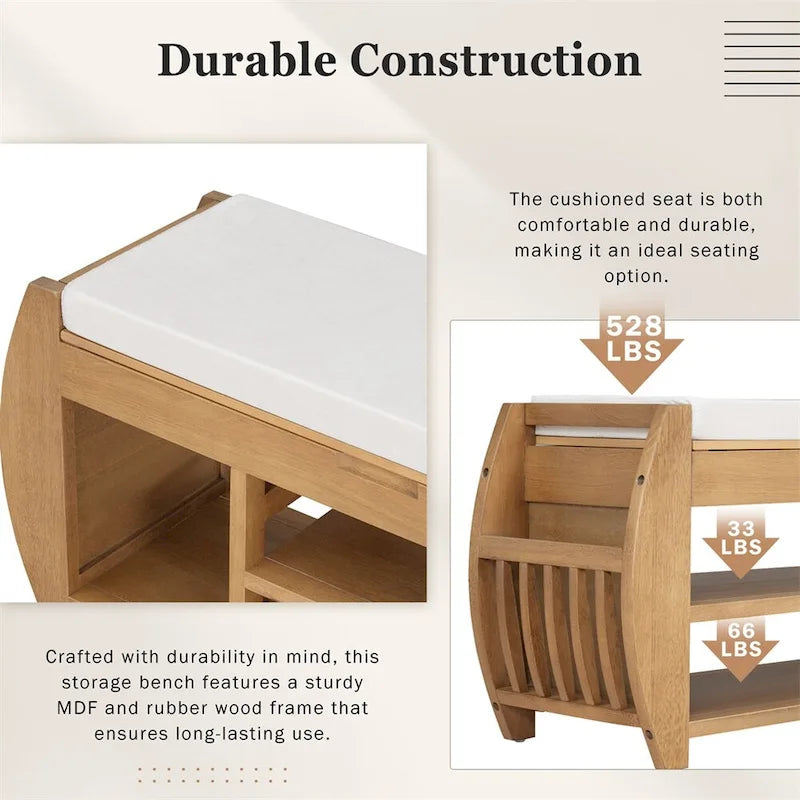 Banc de rangement incurvé avec assise rembourrée, étagère à chaussures ouverte et rangement dissimulé
