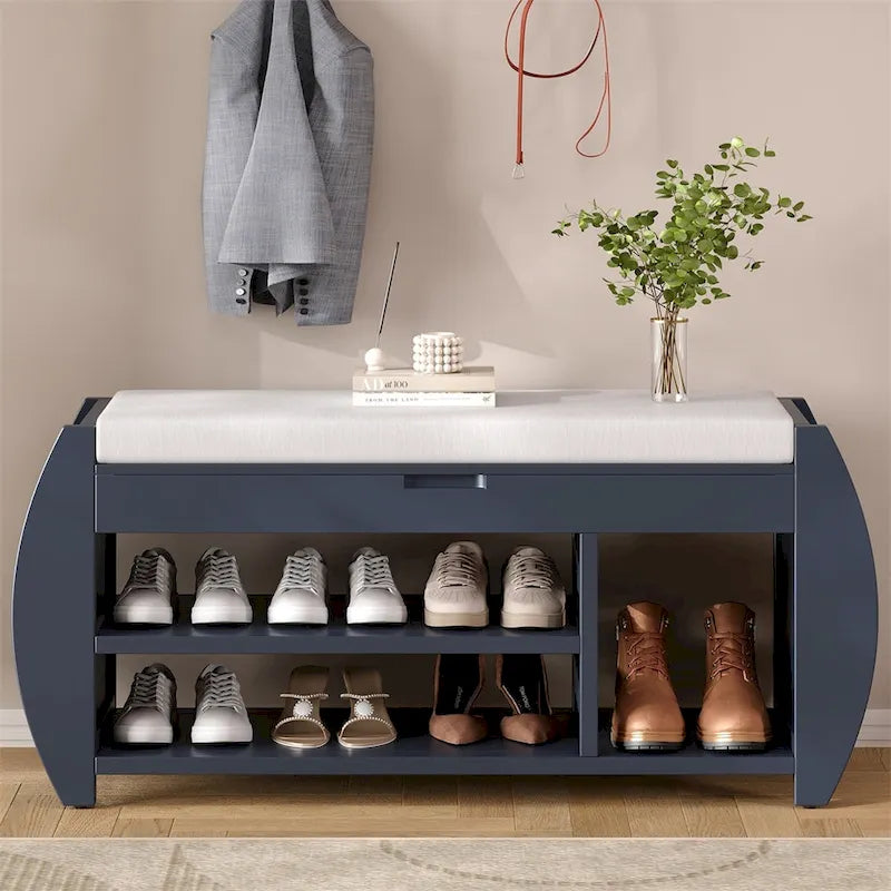 Banc de rangement incurvé avec assise rembourrée, étagère à chaussures ouverte et rangement dissimulé