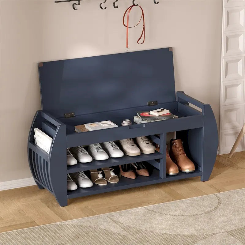 Banc de rangement incurvé avec assise rembourrée, étagère à chaussures ouverte et rangement dissimulé
