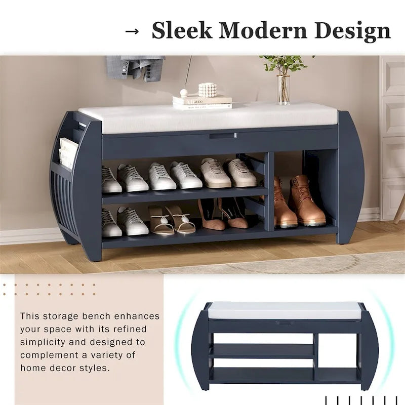 Banc de rangement incurvé avec assise rembourrée, étagère à chaussures ouverte et rangement dissimulé