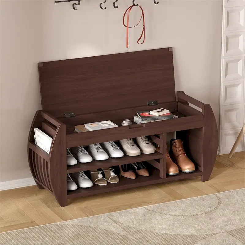 Banc de rangement incurvé avec assise rembourrée, étagère à chaussures ouverte et rangement dissimulé