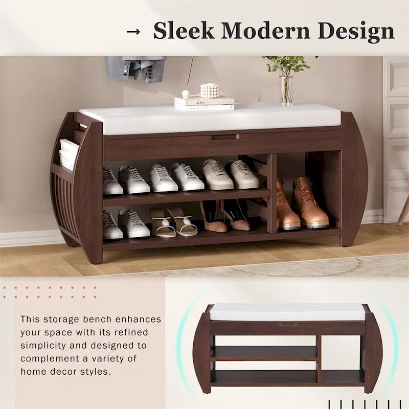 Banc de rangement incurvé avec assise rembourrée, étagère à chaussures ouverte et rangement dissimulé