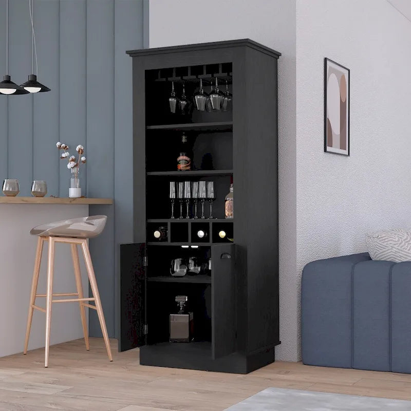 Meuble Bar avec Porte-Bouteilles, Porte-Verres et Rangement Double Porte