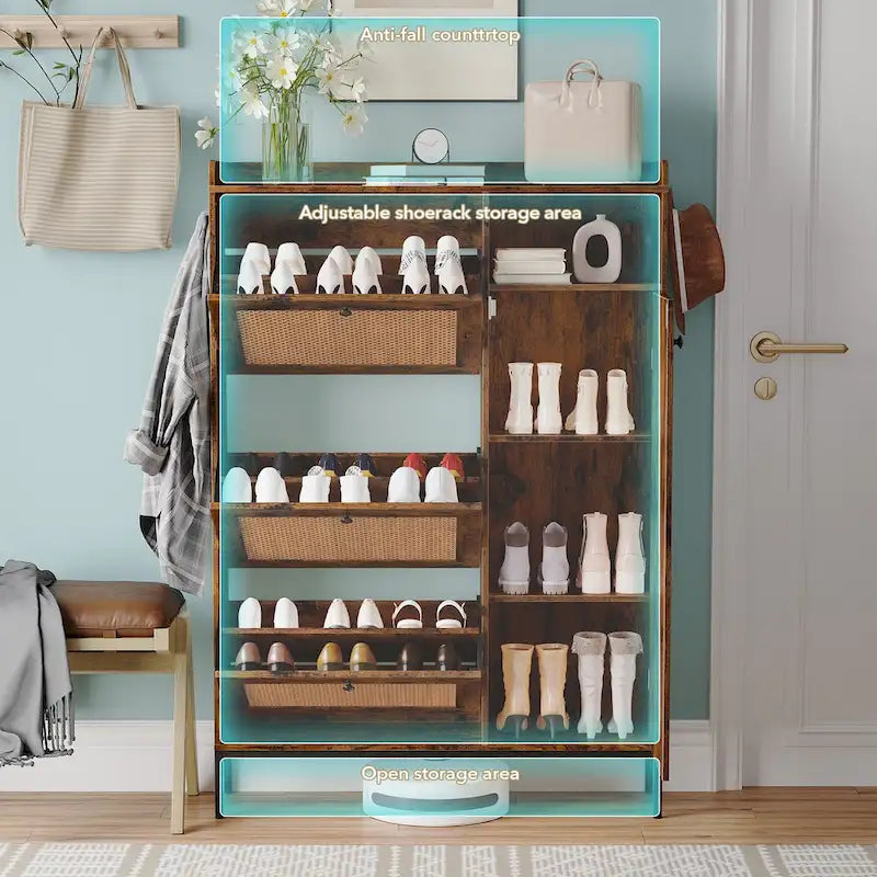 Meuble à chaussures style rotin avec 3 tiroirs basculants, 4 étagères ouvertes et crochets latéraux