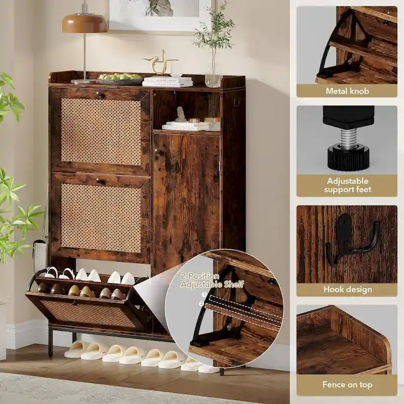 Meuble à chaussures style rotin avec 3 tiroirs basculants, 4 étagères ouvertes et crochets latéraux