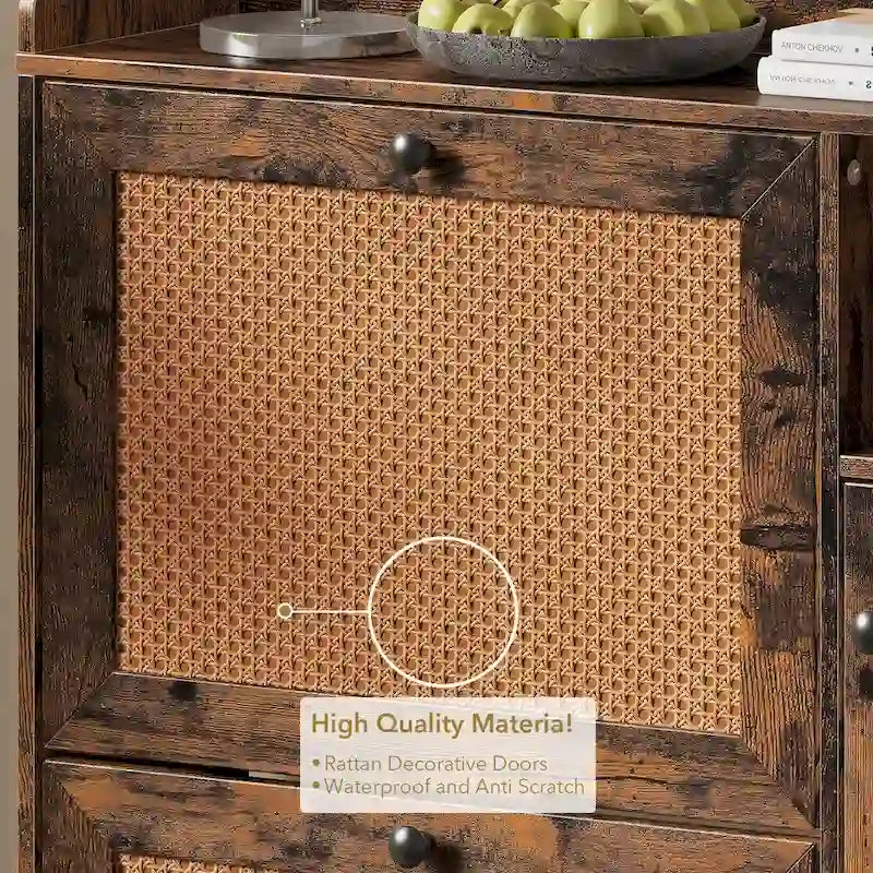 Meuble à chaussures style rotin avec 3 tiroirs basculants, 4 étagères ouvertes et crochets latéraux