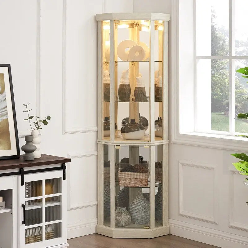 Vitrine en verre éclairée avec fond miroir et étagères réglables