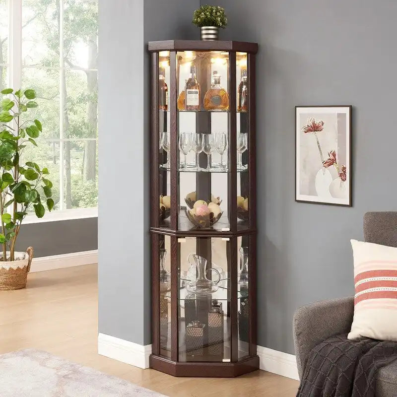 Vitrine en verre éclairée avec fond miroir et étagères réglables
